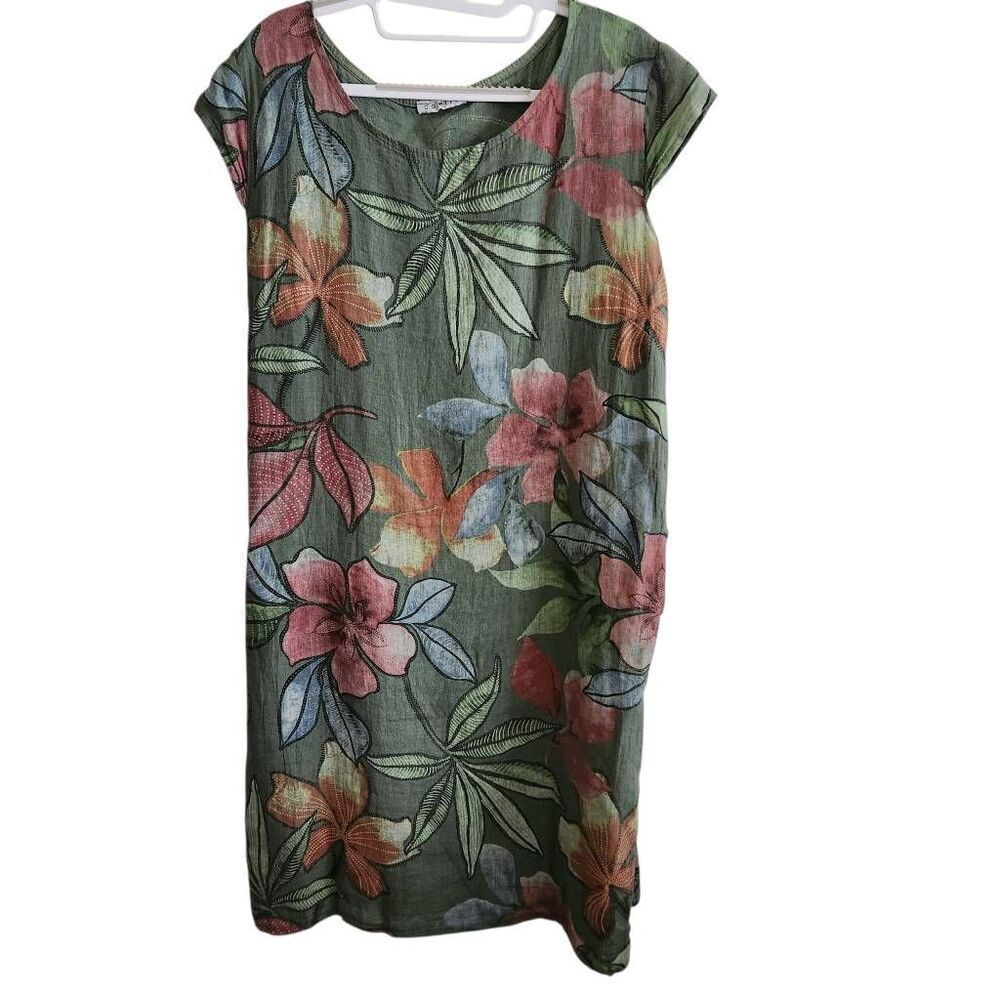 Colette Linen Shift Dress Large Floral Midi Pockets Stretch